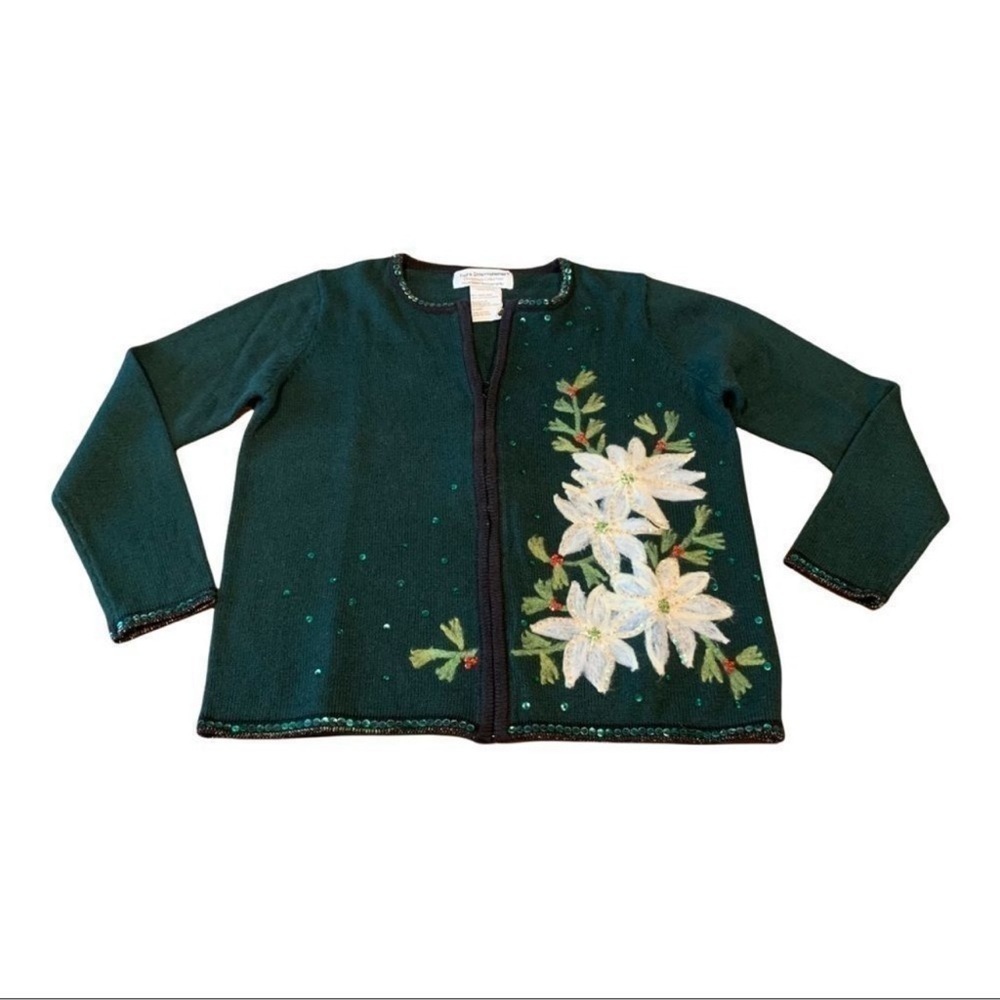 Tiara International Women’s Sweater Poinsettias Ugly Christmas Sweater Large